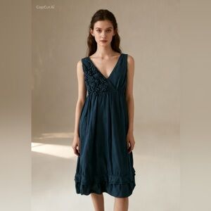 Marni navy blue cotton low cut dress with pockets